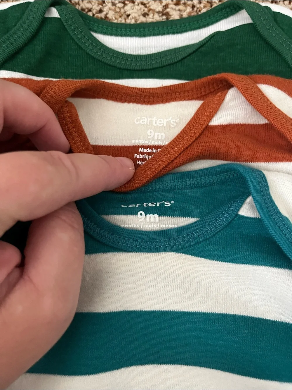 Carter's 9 monthsTeal, Rust & Green Striped Long-Sleeve Baby One-Pieces (3-Pack)